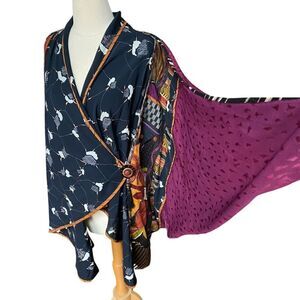 STUNNING One of a Kind Multi Print Embroidered Drape Cape Poncho Jacket
